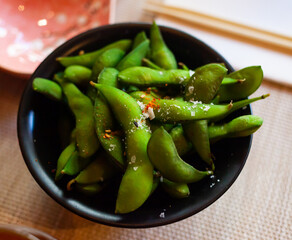 Edamame fresh soya beans close-up. Japanese cuisine