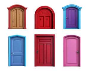 Set of six colorful wooden doors with arch and rectangular shapes on Transparent Background, PNG