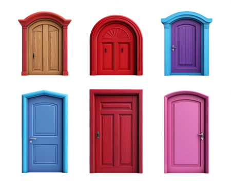 Set of six colorful wooden doors with arch and rectangular shapes on Transparent Background, PNG