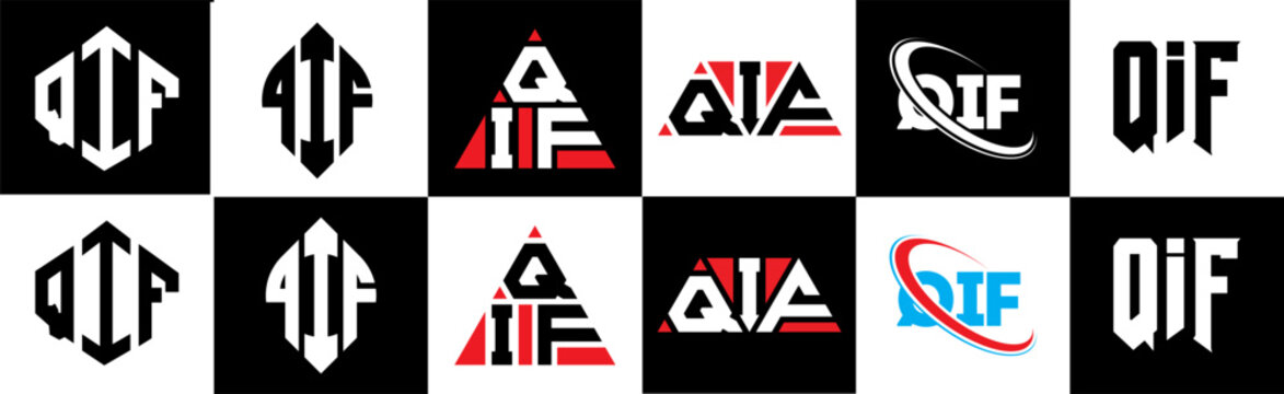 QIF letter logo design in six style. QIF polygon, circle, triangle, hexagon, flat and simple style with black and white color variation letter logo set in one artboard. QIF minimalist and classic logo