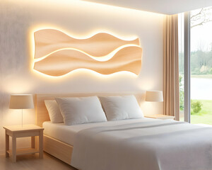 Serene Bedroom with Illuminated Wave Art; Lakeside View