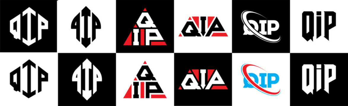 QIP letter logo design in six style. QIP polygon, circle, triangle, hexagon, flat and simple style with black and white color variation letter logo set in one artboard. QIP minimalist and classic logo
