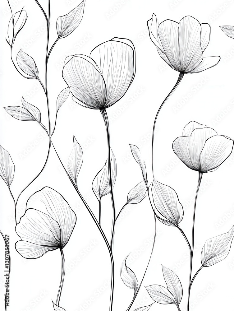 Poster delicate botanical line art showcases minimalist elegance with modern floral pattern on white backgr