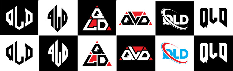 QLD letter logo design in six style. QLD polygon, circle, triangle, hexagon, flat and simple style with black and white color variation letter logo set in one artboard. QLD minimalist and classic logo