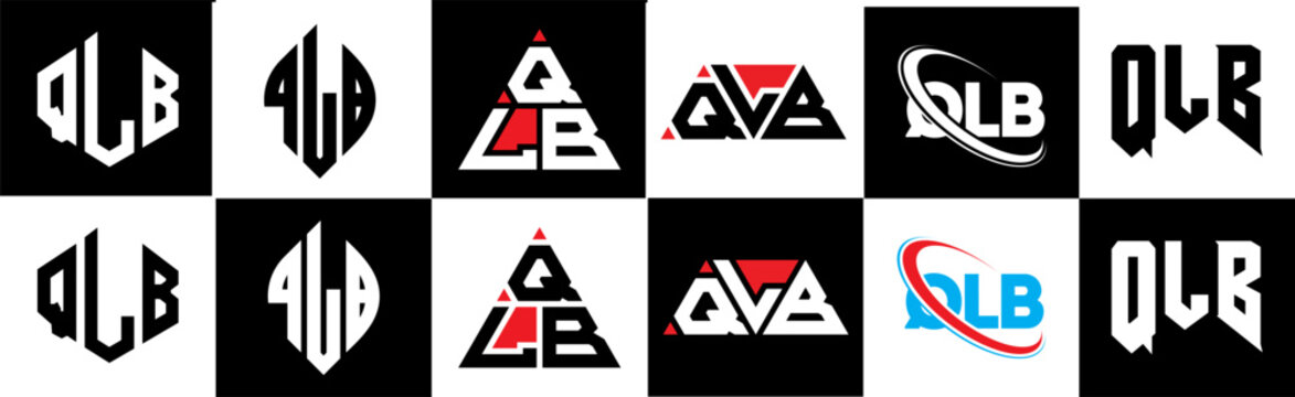 QLB letter logo design in six style. QLB polygon, circle, triangle, hexagon, flat and simple style with black and white color variation letter logo set in one artboard. QLB minimalist and classic logo