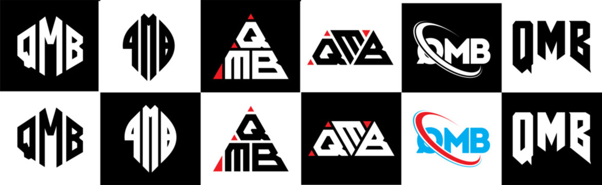 QMB letter logo design in six style. QMB polygon, circle, triangle, hexagon, flat and simple style with black and white color variation letter logo set in one artboard. QMB minimalist and classic logo
