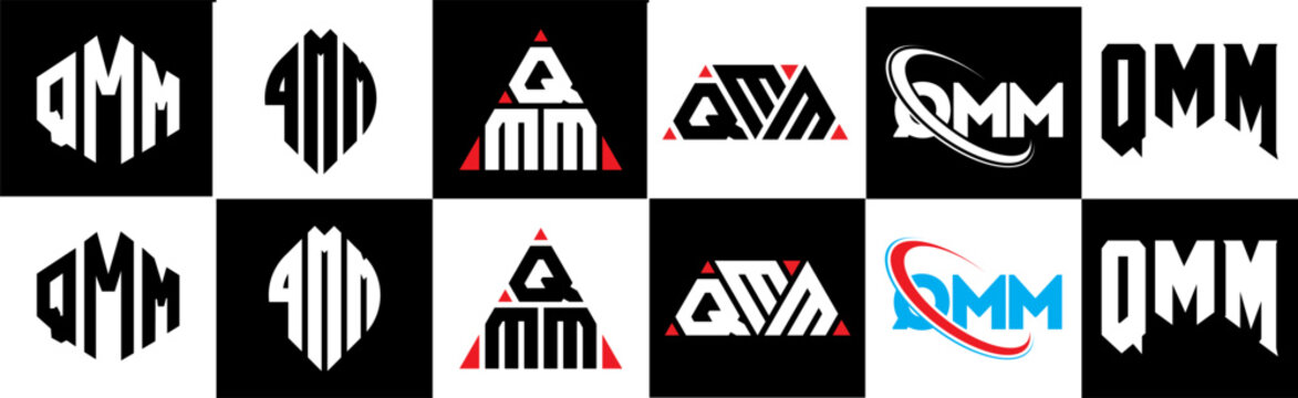QML letter logo design in six style. QML polygon, circle, triangle, hexagon, flat and simple style with black and white color variation letter logo set in one artboard. QML minimalist and classic logo