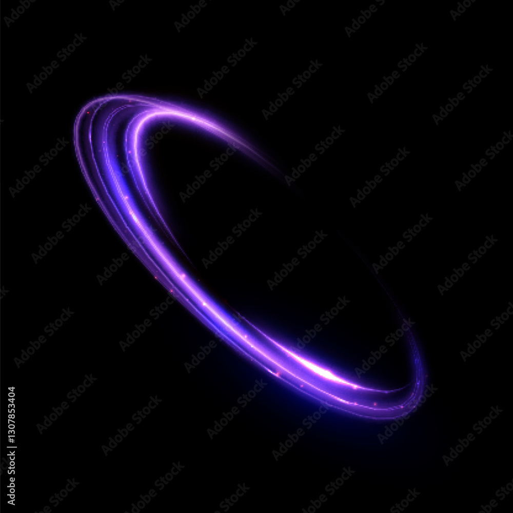 Aufkleber Glowing purple trail in the shape of a curved ring with shimmering particles. Sci-fi style element on a dark background.