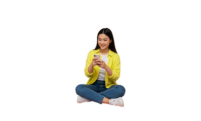 Asian Young Woman Sitting and Using Mobile Phone on Transparent Background