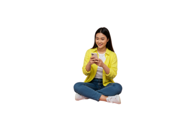 Asian Young Woman Sitting and Using Mobile Phone on Transparent Background