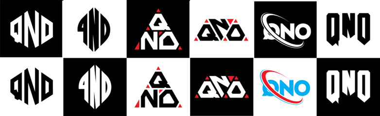 QNO letter logo design in six style. QNO polygon, circle, triangle, hexagon, flat and simple style with black and white color variation letter logo set in one artboard. QNO minimalist and classic logo