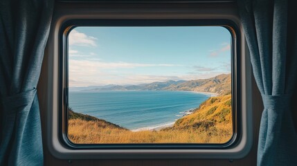 Naklejka premium Scenic view of new zealand's rugged coastline from a train window travel photography natural environment