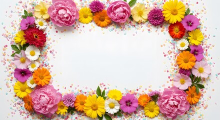Obraz premium Colorful spring flowers frame with confetti background pretty floral design perfect for festive cards