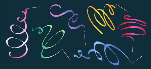 Rhythmic gymnastics colorful ribbons on dark background. Apparatus for performances. Sports equipment set isolated