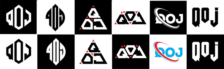 QOJ letter logo design in six style. QOJ polygon, circle, triangle, hexagon, flat and simple style with black and white color variation letter logo set in one artboard. QOJ minimalist and classic logo