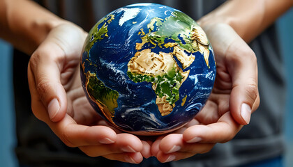 Earth Day. Hands holding the globe. Concept of ecology and care for nature. Generated by AI