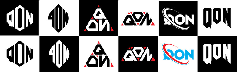QON letter logo design in six style. QON polygon, circle, triangle, hexagon, flat and simple style with black and white color variation letter logo set in one artboard. QON minimalist and classic logo