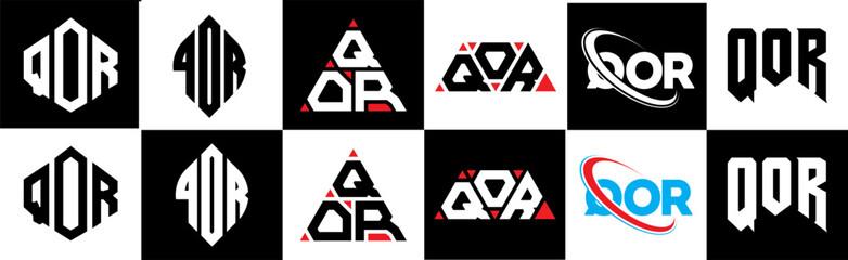 QOR letter logo design in six style. QOR polygon, circle, triangle, hexagon, flat and simple style with black and white color variation letter logo set in one artboard. QOR minimalist and classic logo