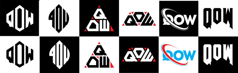 QOW letter logo design in six style. QOW polygon, circle, triangle, hexagon, flat and simple style with black and white color variation letter logo set in one artboard. QOW minimalist and classic logo