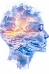 Serene Seascape Mind Inner peace, sunset ocean, profile view, spiritual art, meditation imagery