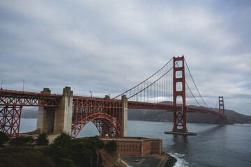Views of the Golden Gate Bridge, on a cloudy day in San Fransisco.