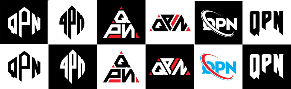 QPN letter logo design in six style. QPN polygon, circle, triangle, hexagon, flat and simple style with black and white color variation letter logo set in one artboard. QPN minimalist and classic logo