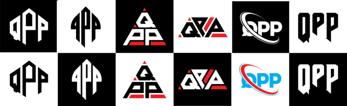 QPP letter logo design in six style. QPP polygon, circle, triangle, hexagon, flat and simple style with black and white color variation letter logo set in one artboard. QPP minimalist and classic logo