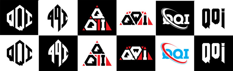 QQI letter logo design in six style. QQI polygon, circle, triangle, hexagon, flat and simple style with black and white color variation letter logo set in one artboard. QQI minimalist and classic logo