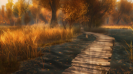 Autumnal Wooden Bridge Over Still Water