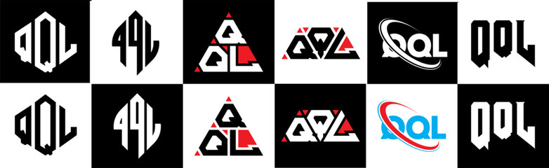 QQL letter logo design in six style. QQL polygon, circle, triangle, hexagon, flat and simple style with black and white color variation letter logo set in one artboard. QQL minimalist and classic logo