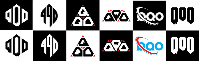 QQO letter logo design in six style. QQO polygon, circle, triangle, hexagon, flat and simple style with black and white color variation letter logo set in one artboard. QQO minimalist and classic logo