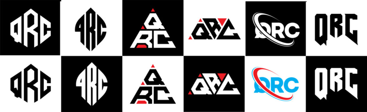 QRC letter logo design in six style. QRC polygon, circle, triangle, hexagon, flat and simple style with black and white color variation letter logo set in one artboard. QRC minimalist and classic logo