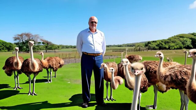 Ostrich farmer stands in the field with his flock Ecological farming and animal care happy flock