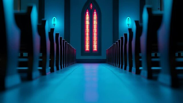 Neon church interior with blue hues and pink windows. Futuristic religious architecture. Cyberpunk style cathedral aisle leading to altar. Digital art concept.