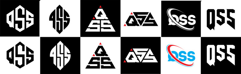 QSS letter logo design in six style. QSS polygon, circle, triangle, hexagon, flat and simple style with black and white color variation letter logo set in one artboard. QSS minimalist and classic logo
