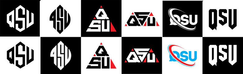 QSU letter logo design in six style. QSU polygon, circle, triangle, hexagon, flat and simple style with black and white color variation letter logo set in one artboard. QSU minimalist and classic logo