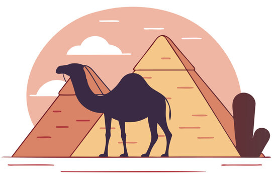 recommend clip art: Camel in egypt, vector illustration, desert animal, egyptian landscape, sand dunes