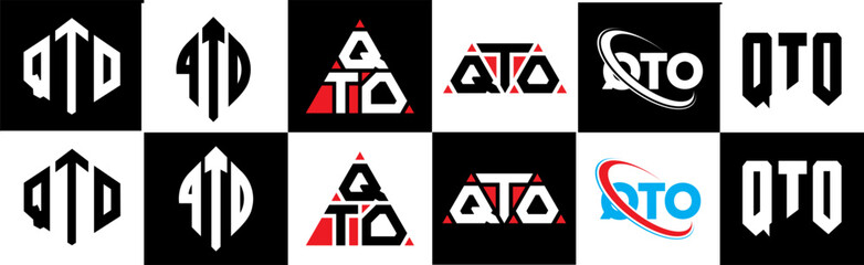 QTO letter logo design in six style. QTO polygon, circle, triangle, hexagon, flat and simple style with black and white color variation letter logo set in one artboard. QTO minimalist and classic logo