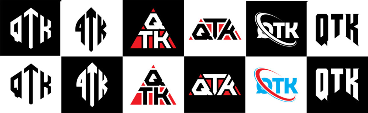 QTK letter logo design in six style. QTK polygon, circle, triangle, hexagon, flat and simple style with black and white color variation letter logo set in one artboard. QTK minimalist and classic logo