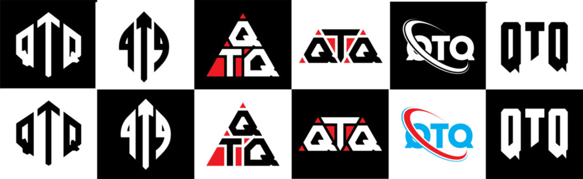 QTQ letter logo design in six style. QTQ polygon, circle, triangle, hexagon, flat and simple style with black and white color variation letter logo set in one artboard. QTQ minimalist and classic logo