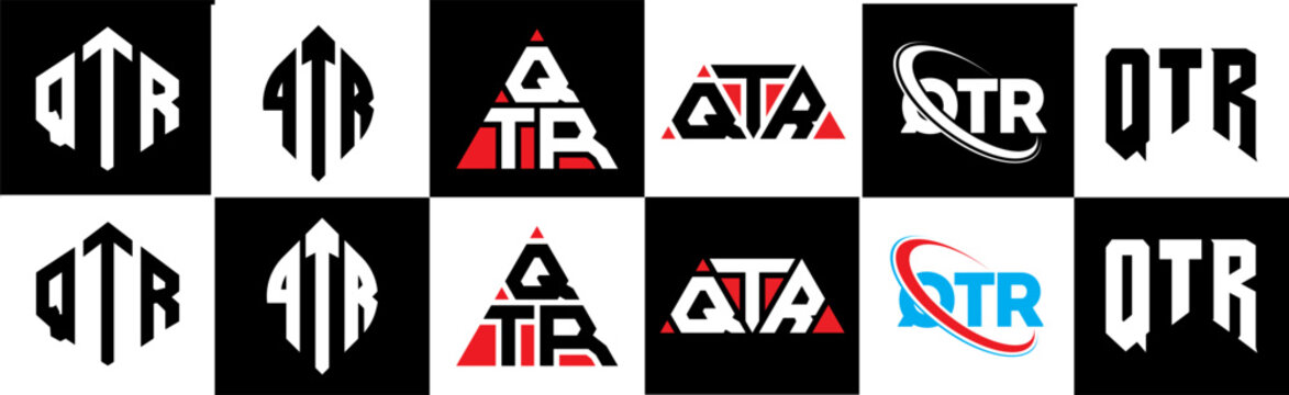 QTR letter logo design in six style. QTR polygon, circle, triangle, hexagon, flat and simple style with black and white color variation letter logo set in one artboard. QTR minimalist and classic logo