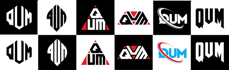 QUM letter logo design in six style. QUM polygon, circle, triangle, hexagon, flat and simple style with black and white color variation letter logo set in one artboard. QUM minimalist and classic logo