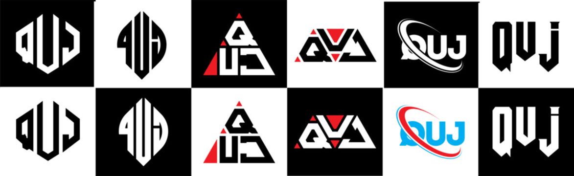 QUJ letter logo design in six style. QUJ polygon, circle, triangle, hexagon, flat and simple style with black and white color variation letter logo set in one artboard. QUJ minimalist and classic logo