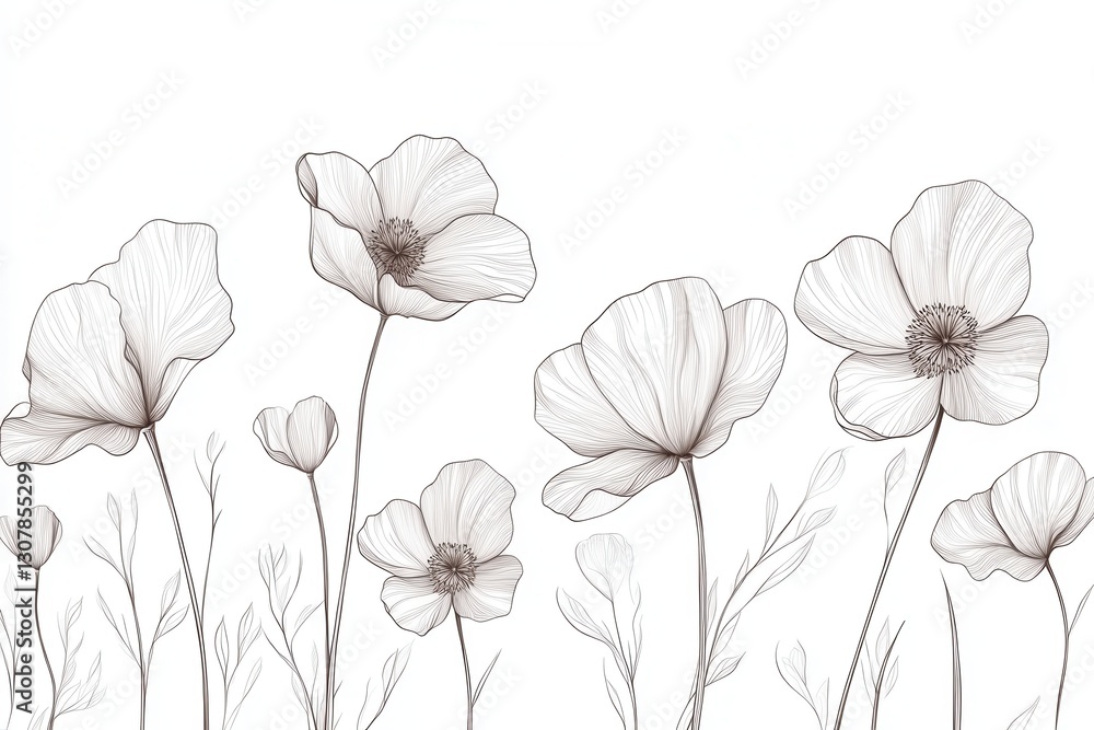 Poster delicate botanical line art design featuring a minimalist floral pattern on a white background evoki