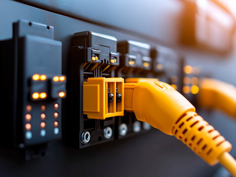 Advanced networking hardware powering cloud computing technology. The glowing LED signals indicate seamless data transfer in a high-speed digital environment.