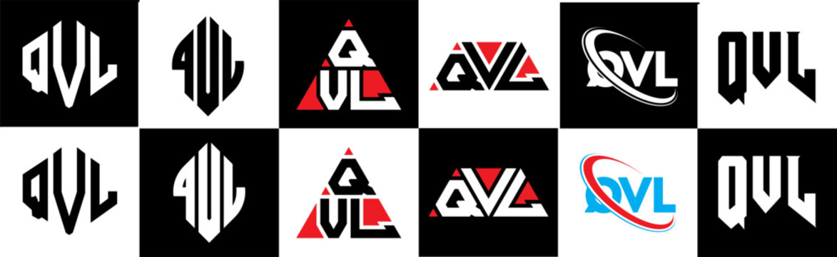 QVL letter logo design in six style. QVL polygon, circle, triangle, hexagon, flat and simple style with black and white color variation letter logo set in one artboard. QVL minimalist and classic logo