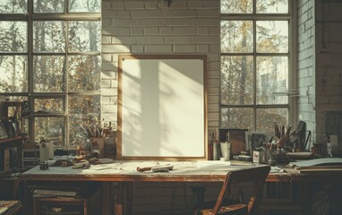 Sunlit artist's studio with blank canvas mockup on wooden table.