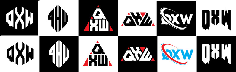 QXW letter logo design in six style. QXW polygon, circle, triangle, hexagon, flat and simple style with black and white color variation letter logo set in one artboard. QXW minimalist and classic logo