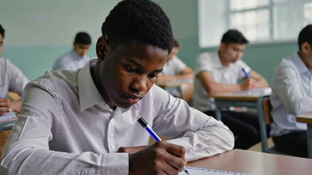 A focused African American student in a white shirt writes in his notebook during an important exam in a classroom. Concept of academic achievement, education, and dedication to learning.