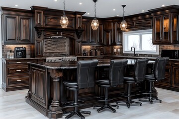 A Beautiful Kitchen Features Dark Wood Cabinets and Bar Stools